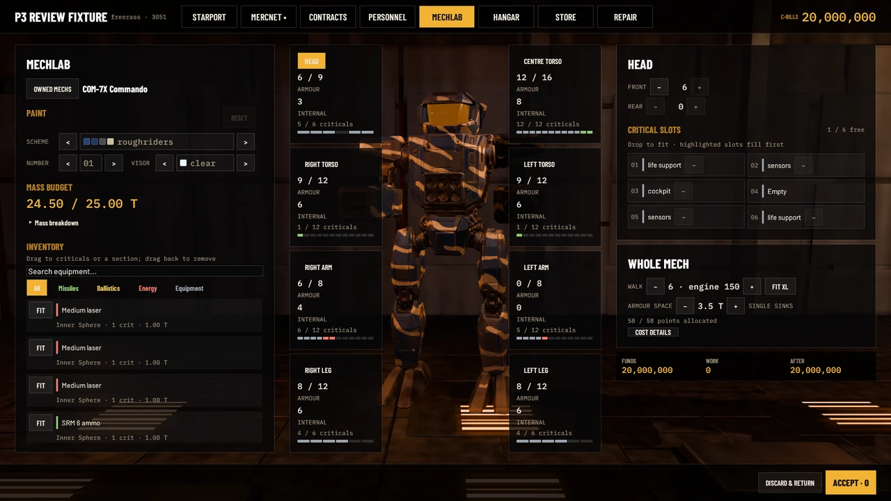 MechLab loadout controls around a camouflaged Commando in the industrial 3D bay.
