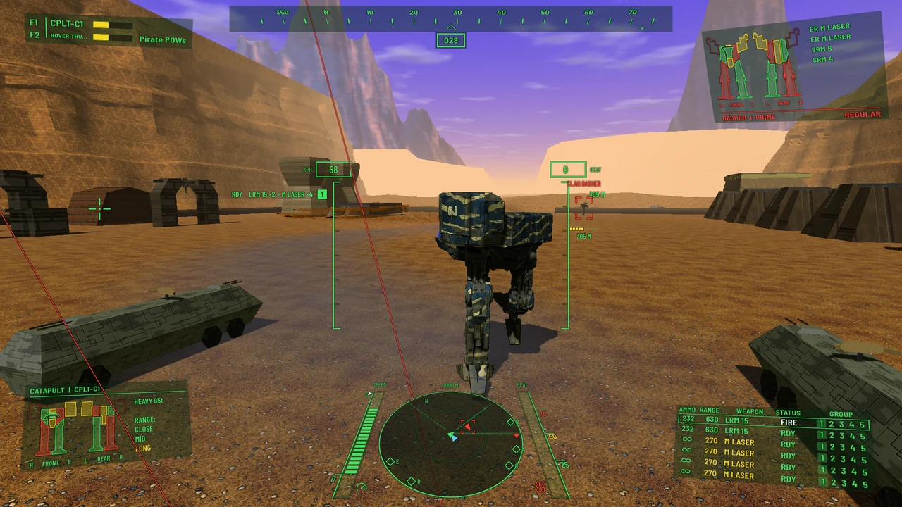 External view of a Mech in a canyon with green targeting and status overlays.
