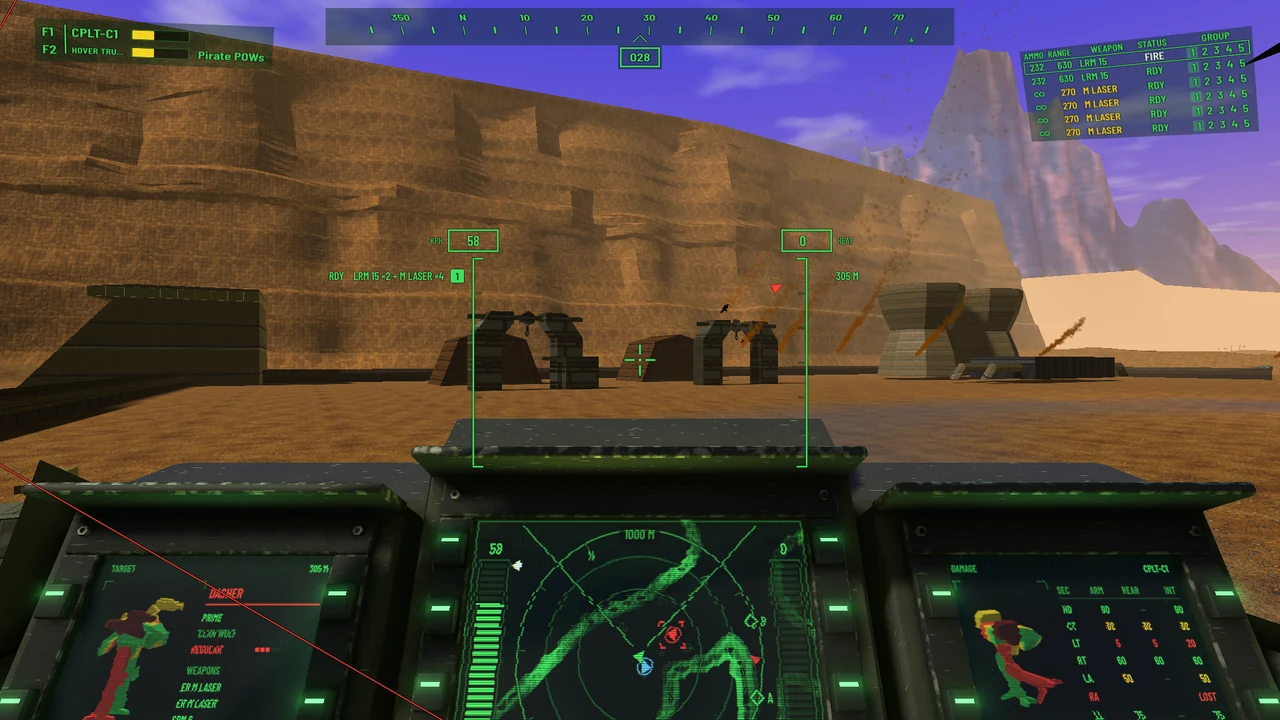 Remade Catapult cockpit with illuminated green instruments overlooking a canyon mission.