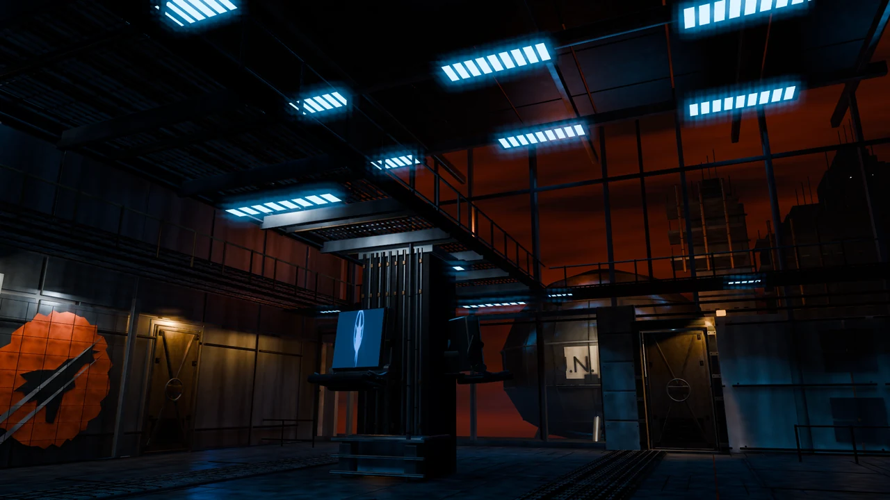 Blue lighting and industrial gantries in the OpenMercs Starport interior.